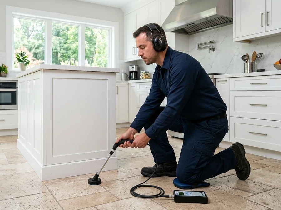 Leak detection technician kneeling on a kitchen tile floor with an acoustic ground sensor and detection unit