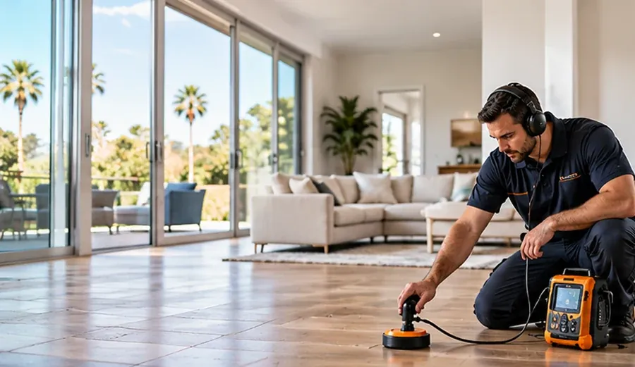 Leak detection technician using a floor sensor and detector unit in a bright living room