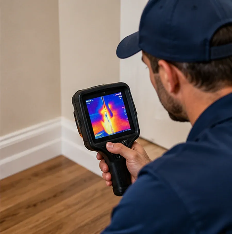 Technician checking the base of a wall and floor with a thermal camera