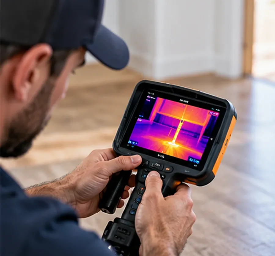 Handheld thermal camera showing a warm streak across a floor during a leak assessment