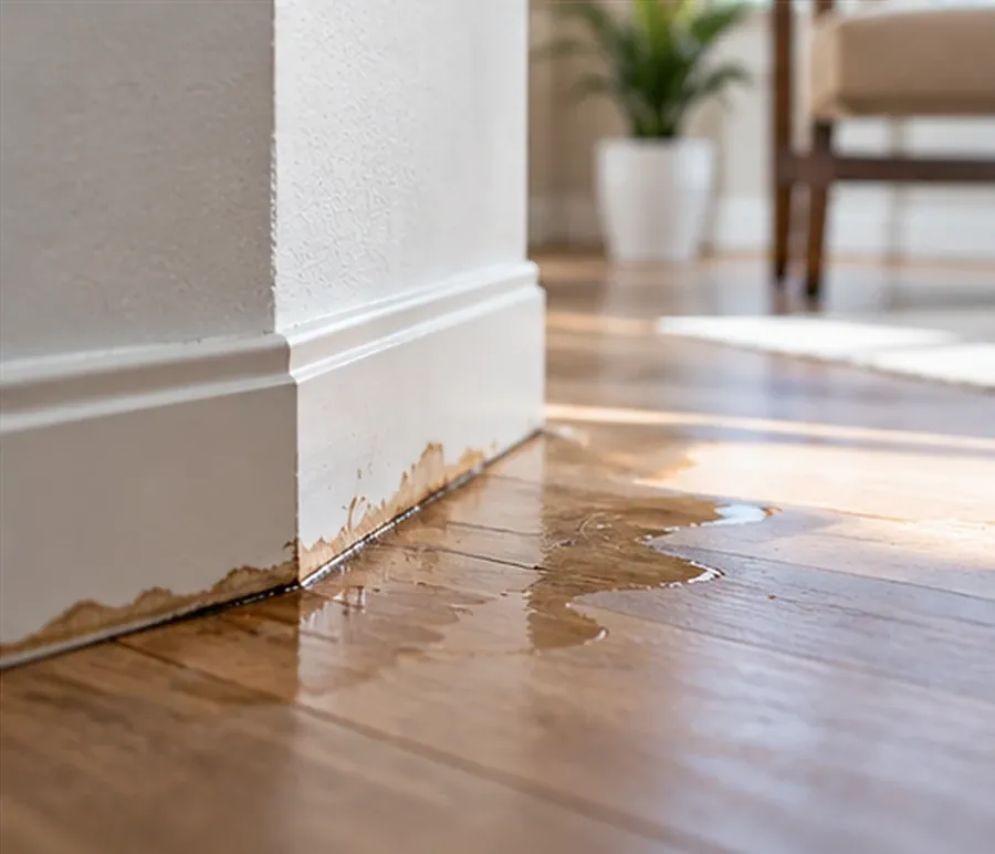 Water spreading across a wood floor along a white baseboard